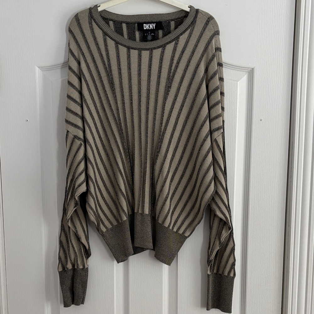 DKNY Beige and Black Striped Pullover